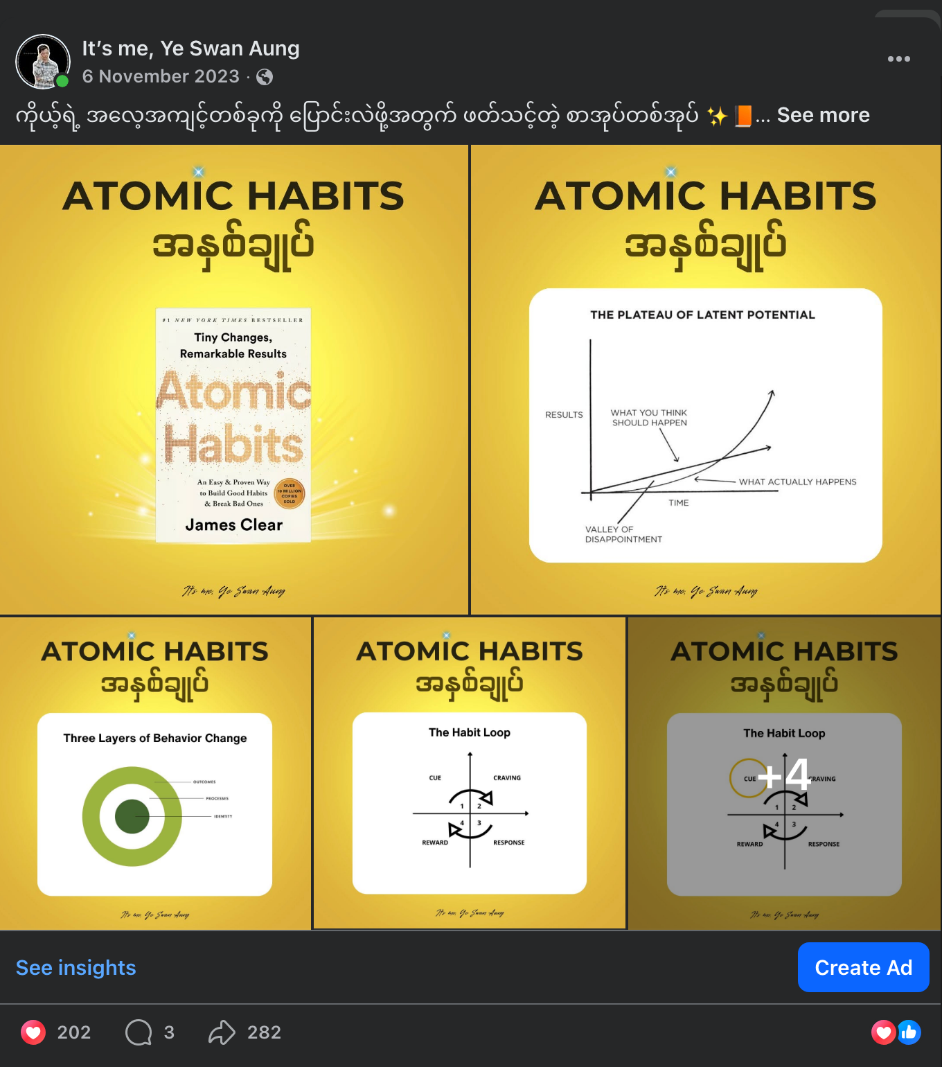 Atomic Habits Facebook carousel post with engagement results